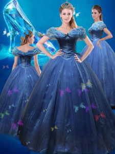 Eye-catching Cinderella Off the Shoulder Sleeveless Tulle Floor Length Lace Up Sweet 16 Quinceanera Dress in Navy Blue with Beading and Bowknot
