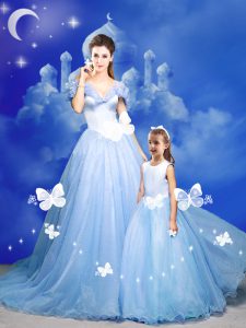 Deluxe Off the Shoulder Light Blue Sleeveless With Train Beading and Bowknot and Hand Made Flower Zipper 15th Birthday Dress