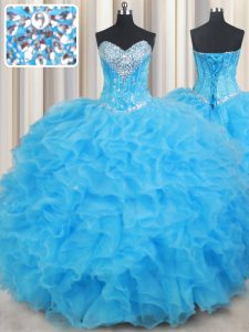 Glorious Baby Blue Lace Up Sweetheart Beading and Ruffled Layers Sweet 16 Dresses Organza Sleeveless