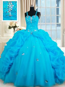 Clearance Straps Baby Blue Sleeveless Floor Length Beading and Pick Ups Lace Up 15 Quinceanera Dress