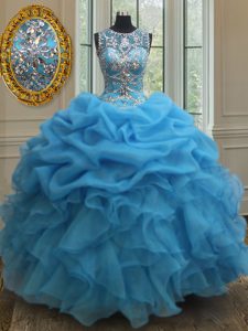 See Through Baby Blue Organza Lace Up Scoop Sleeveless Floor Length Ball Gown Prom Dress Beading and Ruffles and Pick Ups