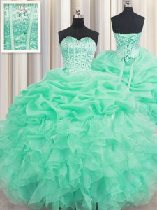 Lovely Beading and Ruffles and Pick Ups Quinceanera Dama Dress Apple Green Lace Up Sleeveless Floor Length