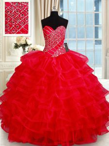 Beading and Ruffled Layers Ball Gown Prom Dress Red Lace Up Sleeveless Floor Length