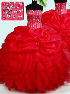 Ideal Red Lace Up Ball Gown Prom Dress Beading and Ruffles and Pick Ups Sleeveless Floor Length