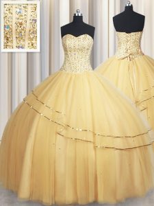 Eye-catching Sleeveless Tulle Floor Length Lace Up Ball Gown Prom Dress in Gold with Beading and Sequins