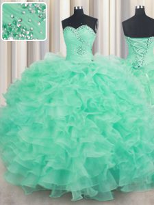 Discount Organza Sweetheart Sleeveless Lace Up Beading and Ruffles Quinceanera Dress in Turquoise