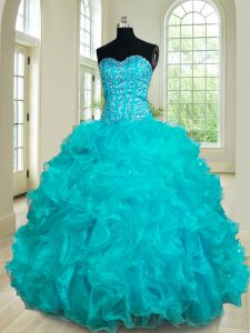 Teal Sleeveless Floor Length Beading and Ruffles Lace Up Quinceanera Gown