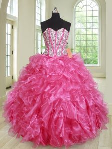 Floor Length Lace Up 15 Quinceanera Dress Hot Pink for Military Ball and Sweet 16 and Quinceanera with Beading and Ruffles
