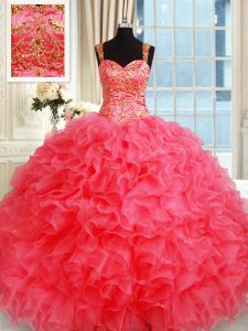 Straps Coral Red Sleeveless Floor Length Beading and Ruffles Lace Up Sweet 16 Quinceanera Dress