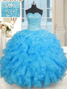 Baby Blue Ball Gown Prom Dress Military Ball and Sweet 16 and Quinceanera and For with Beading Sweetheart Sleeveless Lace Up