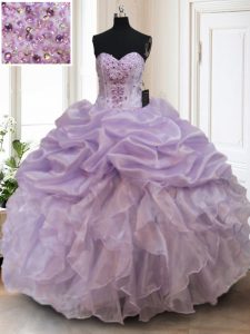 Fitting Sleeveless Floor Length Beading and Ruffles Lace Up Quinceanera Dresses with Lavender