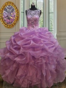 Customized See Through Floor Length Lilac Quince Ball Gowns Scoop Sleeveless Lace Up