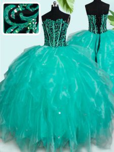 Sexy Sweetheart Sleeveless Quinceanera Dresses Floor Length Beading and Ruffles Turquoise Organza