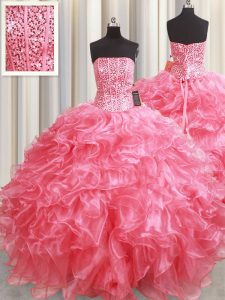 Pink Sleeveless Floor Length Beading and Ruffles Lace Up Quinceanera Dresses