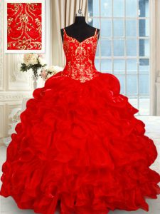 Customized Pick Ups Red Quinceanera Dresses Spaghetti Straps Sleeveless Brush Train Lace Up