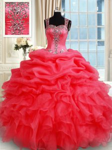 Graceful Pick Ups Ball Gowns 15th Birthday Dress Coral Red Straps Organza Sleeveless Floor Length Zipper