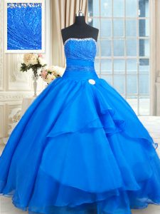 Sequins Strapless Sleeveless Court Train Lace Up Quinceanera Dresses Blue Organza