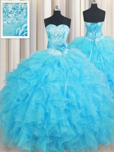 Flirting Baby Blue Ball Gowns Organza Sweetheart Sleeveless Beading and Ruffles and Hand Made Flower Floor Length Lace Up Quinceanera Gown