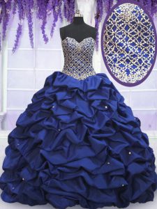 Customized Royal Blue Ball Gowns Beading and Pick Ups Party Dress for Toddlers Lace Up Taffeta Sleeveless Floor Length