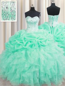 Sleeveless Organza Floor Length Lace Up 15th Birthday Dress in Apple Green with Beading and Ruffles and Pick Ups