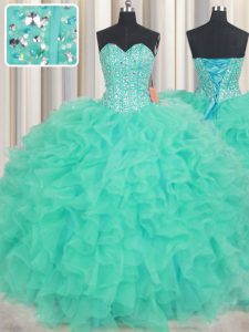 Organza Sweetheart Sleeveless Lace Up Beading and Ruffles Quince Ball Gowns in Turquoise