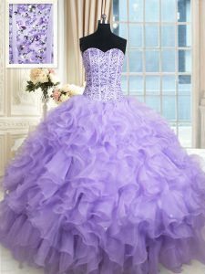 Free and Easy Sleeveless Organza Floor Length Lace Up 15 Quinceanera Dress in Lavender with Beading and Ruffles