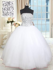 Floor Length Lace Up 15 Quinceanera Dress White for Military Ball and Sweet 16 and Quinceanera with Beading and Sequins
