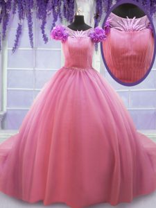 Simple Rose Pink Ball Gowns Tulle Scoop Cap Sleeves Beading and Hand Made Flower Lace Up Quinceanera Gowns Court Train
