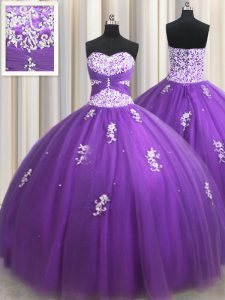 Ideal Tulle Sleeveless Floor Length Quinceanera Court Dresses and Beading and Appliques