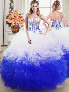Beading and Ruffles Vestidos de Quinceanera Blue And White Lace Up Sleeveless Floor Length