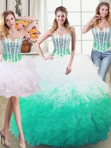 Three Piece White and Green Organza Lace Up Quinceanera Dresses Sleeveless Floor Length Beading and Ruffles