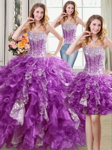 Three Piece Sequins Purple Sleeveless Organza Lace Up Ball Gown Prom Dress for Military Ball and Sweet 16 and Quinceanera