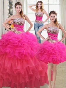 Three Piece Sleeveless Floor Length Beading and Ruffles and Ruffled Layers and Sequins Lace Up Quinceanera Gowns with Multi-color