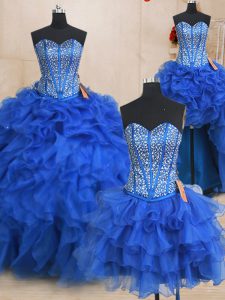 Pretty Four Piece Royal Blue Sleeveless Floor Length Beading and Ruffles Lace Up Sweet 16 Dress