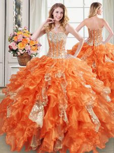 Captivating Sweetheart Sleeveless Organza Court Dresses for Sweet 16 Beading and Ruffles and Sequins Lace Up