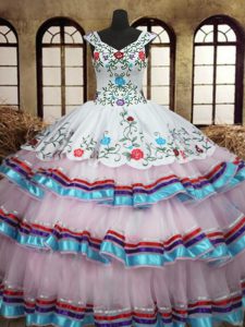 Custom Made White Lace Up Straps Embroidery and Ruffled Layers Quinceanera Dama Dress Organza and Taffeta Sleeveless