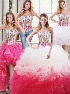 Top Selling Four Piece White and Red Organza Lace Up Quinceanera Dress Sleeveless Floor Length Beading and Ruffles