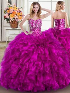 Sexy Fuchsia Lace Up Sweetheart Beading and Ruffles Quinceanera Gowns Organza Sleeveless Brush Train