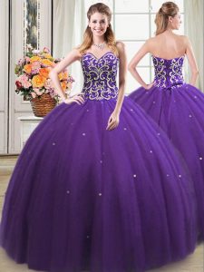 Most Popular Sleeveless Floor Length Beading Lace Up Quinceanera Gown with Purple