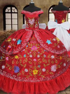 Eye-catching Off the Shoulder Red Lace Up Sweet 16 Quinceanera Dress Embroidery and Bowknot Sleeveless Floor Length