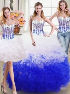 Three Piece Floor Length Lace Up Sweet 16 Dress White and Blue for Military Ball and Sweet 16 and Quinceanera with Beading and Ruffles