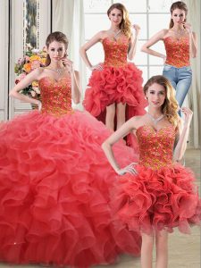 Four Piece Coral Red Organza Lace Up Sweet 16 Quinceanera Dress Sleeveless Floor Length Beading and Ruffles