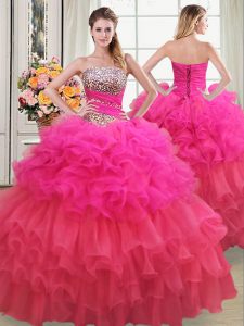 Sleeveless Organza Floor Length Lace Up Sweet 16 Dress in Multi-color with Beading and Ruffles and Ruffled Layers and Sequins