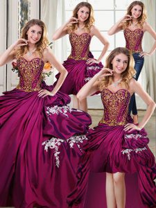 Artistic Four Piece Burgundy Lace Up 15th Birthday Dress Beading and Appliques and Pick Ups Sleeveless Floor Length