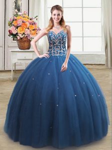 Modern Teal Tulle Lace Up Sweetheart Sleeveless Floor Length Quinceanera Gowns Beading