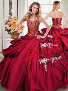 Stunning Sleeveless Floor Length Beading and Appliques and Pick Ups Lace Up 15th Birthday Dress with Wine Red