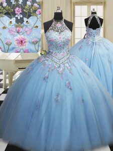 Luxurious Light Blue Lace Up Sweet 16 Dress Embroidery Sleeveless Floor Length