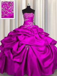 Hot Sale Fuchsia Strapless Lace Up Appliques and Pick Ups Quinceanera Dress Sleeveless
