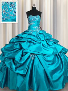 Delicate Pick Ups Teal Sleeveless Taffeta Lace Up Quinceanera Gown for Military Ball and Sweet 16 and Quinceanera