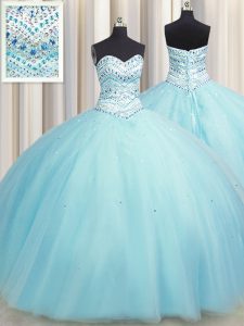 Classical Bling-bling Big Puffy Tulle Sleeveless Floor Length Quinceanera Gown and Beading